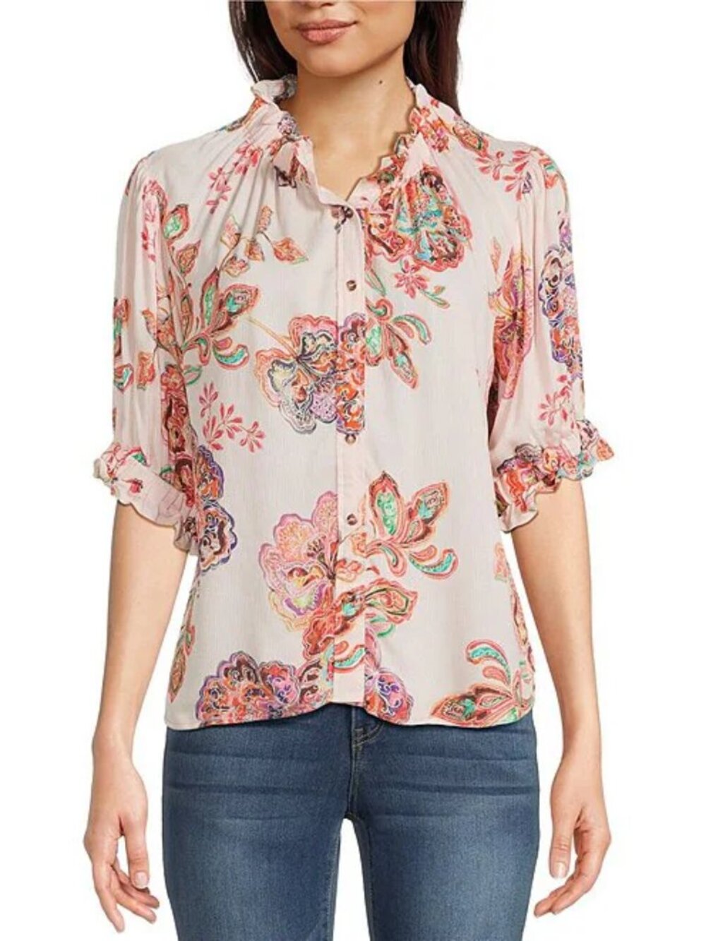 Democracy Woven Floral Paisley Split V-Neck Elbow Sleeve Button Front Top NWT